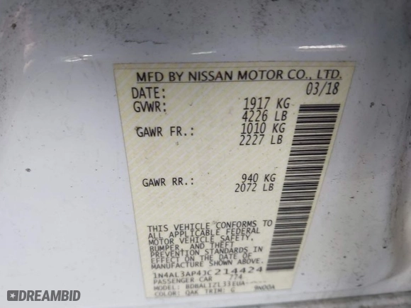 2018 Nissan Altima 2.5 SR with VIN 1N4AL3AP4JC214424, listed as a IAAI auction lot 41801087 with 152,778 mi miles. Bid and sale history available at carsss.com. Image 9.