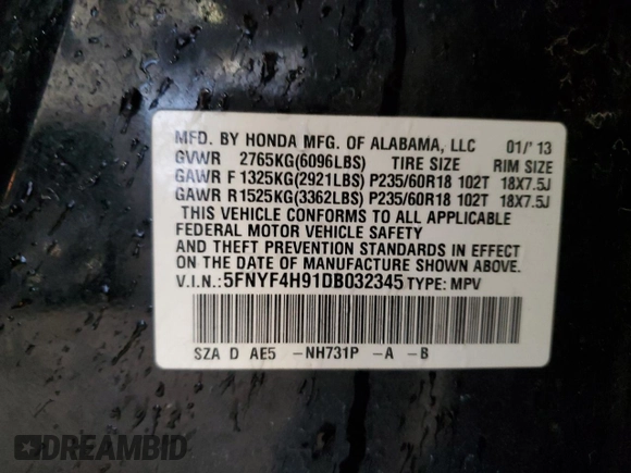 2013 Honda Pilot Touring with VIN 5FNYF4H91DB032345, listed as a Copart auction lot 50507575 with 260,029 mi miles and Clean Title. Bid and sale history available at DreamBid. Image 14.