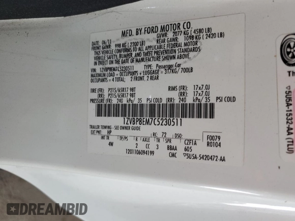 2012 Ford Mustang V6 с VIN 1ZVBP8EM7C5230511, выставлен на аукционе Copart как лот 62422385 с пробегом 139 321 миль миль и Списание • Salvage title. История ставок и продаж доступна на DreamBid. Изображение 13.