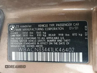 2001 BMW Z3 2.5 z VIN WBACN33441LK46402, wystawiony jako Copart lot #57974785 z przebiegiem 142 661 mil mil oraz Szkody całkowita. Historia ofert i sprzedaży dostępna na DreamBid. Obrazek 12.