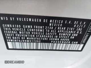 2017 Volkswagen Jetta S with VIN 3VW2B7AJ9HM317252, listed as a IAAI auction lot 42565921 with 89,437 mi miles and . Bid and sale history available at DreamBid. Image 9.