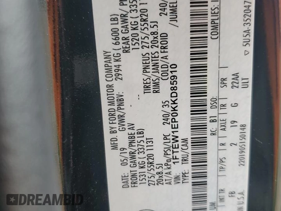 2019 Ford F-150 XL z VIN 1FTEW1EP0KKD85910, wystawiony jako Copart lot #58372025 z przebiegiem 138 722 mil mil oraz Szkoda całkowita • Salvage title. Historia ofert i sprzedaży dostępna na DreamBid. Obrazek 12.