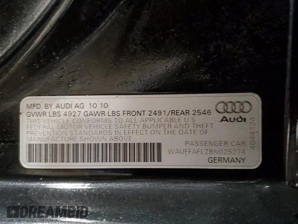 2011 Audi A4 2.0T Premium Plus with VIN WAUFFAFL2BN025274, listed as a Copart auction lot 49061735 with 172,622 mi miles and Clean Title. Bid and sale history available at carsss.com. Image 12.