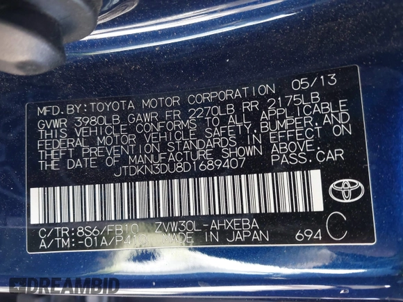 2013 Toyota Prius One with VIN JTDKN3DU8D1689407, listed as a IAAI auction lot 41834806 with 178,826 mi miles and . Bid and sale history available at DreamBid. Image 9.