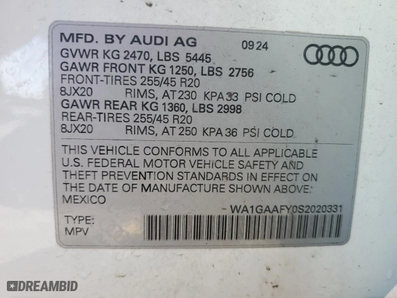 2025 Audi Q5 S line Premium with VIN WA1GAAFY0S2020331, listed as a Copart auction lot 45718875 with 7,314 mi miles and Clean Title. Bid and sale history available at carsss.com. Image 13.
