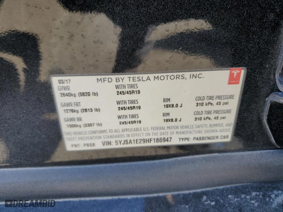 2017 Tesla Model S 100D with VIN 5YJSA1E29HF186947, listed as a Copart auction lot 45187495 with 44,947 mi miles and Salvage Title. Bid and sale history available at carsss.com. Image 13.