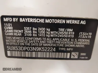 2022 BMW X3 xDrive30i with VIN 5UX53DP03N9K52224, listed as a IAAI auction lot 41540308 with 44,108 mi miles. Bid and sale history available at carsss.com. Image 9.