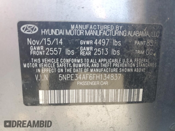 2015 Hyundai Sonata Limited with VIN 5NPE34AF6FH134837, listed as a Copart auction lot 52138205 with Not Provided miles and Clean Title. Bid and sale history available at carsss.com. Image 12.