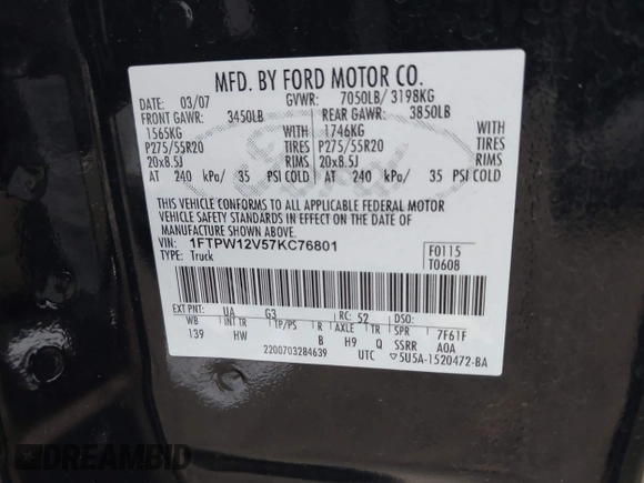 2007 Ford F-150 XLT z VIN 1FTPW12V57KC76801, wystawiony jako IAAI lot #42485652 z przebiegiem Nie podano mil oraz . Historia ofert i sprzedaży dostępna na DreamBid. Obrazek 9.