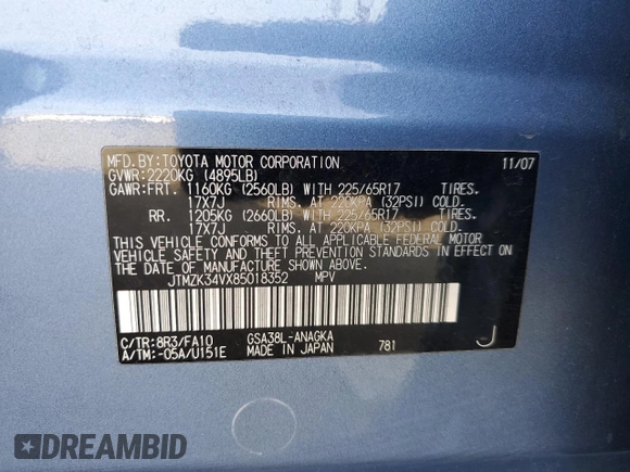 2008 Toyota RAV4 Ltd with VIN JTMZK34VX85018352, listed as a Copart auction lot 44043645 with 191,306 mi miles and Salvage Title. Bid and sale history available at carsss.com. Image 14.