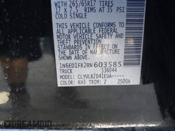2024 Nissan Frontier SV with VIN 1N6ED1FK2RN603585, listed as a IAAI auction lot 42771501 with 8,818 mi miles and . Bid and sale history available at DreamBid. Image 9.