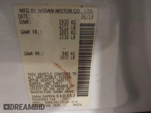 2015 Nissan Altima S with VIN 1N4AL3AP9FN310352, listed as a IAAI auction lot 41902234 with 60,132 mi miles and . Bid and sale history available at DreamBid. Image 9.