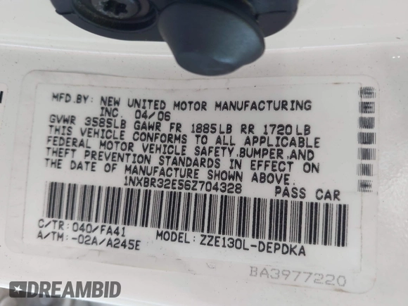 2006 Toyota Corolla CE with VIN 1NXBR32E56Z704328, listed as a IAAI auction lot 42597078 with 214,001 mi miles and . Bid and sale history available at DreamBid. Image 9.
