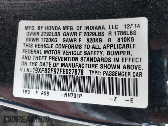 2015 Honda Civic EX-L with VIN 19XFB2F97FE027878, listed as a IAAI auction lot 42170801 with Not Provided miles and . Bid and sale history available at carsss.com. Image 9.