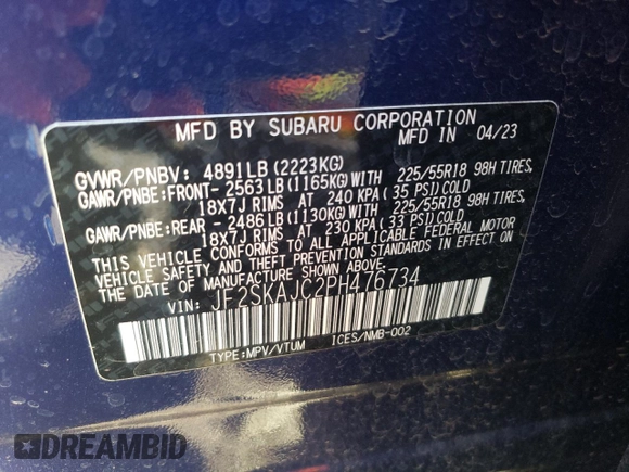 2023 Subaru Forester Special Sports with VIN JF2SKAJC2PH476734, listed as a Copart auction lot 85738544 with 9,988 mi miles and Salvage title. Bid and sale history available at DreamBid. Image 14.