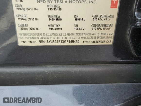 2016 Tesla Model S 70 with VIN 5YJSA1E1XGF149430, listed as a Copart auction lot 51339015 with 104,917 mi miles and Salvage title. Bid and sale history available at DreamBid. Image 14.