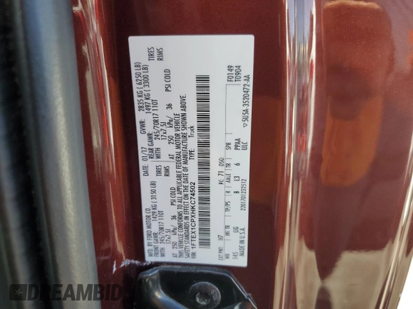 2017 Ford F-150 XL z VIN 1FTEX1CPXHKC74502, wystawiony jako Copart lot #63944835 z przebiegiem 182 692 mil mil oraz Czysty tytuł • Clean title. Historia ofert i sprzedaży dostępna na DreamBid. Obrazek 12.