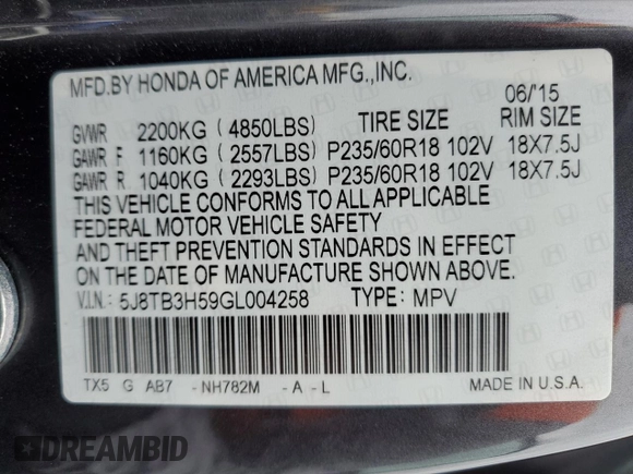 2016 Acura RDX Technology with VIN 5J8TB3H59GL004258, listed as a Copart auction lot 47366325 with 79,671 mi miles and Salvage Title. Bid and sale history available at DreamBid. Image 14.