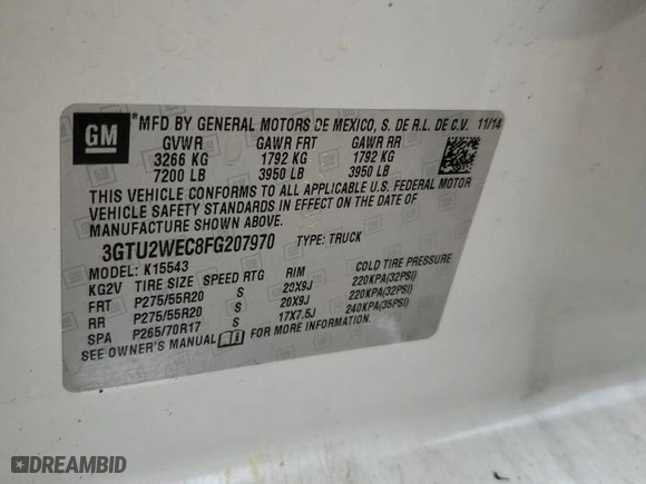 2015 GMC Sierra 1500 Denali with VIN 3GTU2WEC8FG207970, listed as a Copart auction lot 52311325 with 0 mi miles and Salvage Title. Bid and sale history available at carsss.com. Image 12.