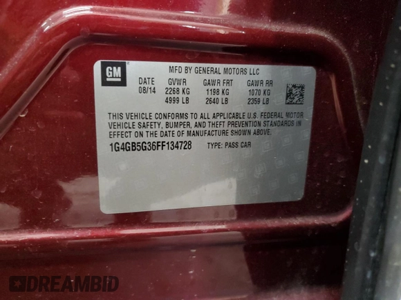 2015 Buick LaCrosse Leather with VIN 1G4GB5G36FF134728, listed as a Copart auction lot 54539605 with 146,034 mi miles and Salvage Title. Bid and sale history available at carsss.com. Image 12.
