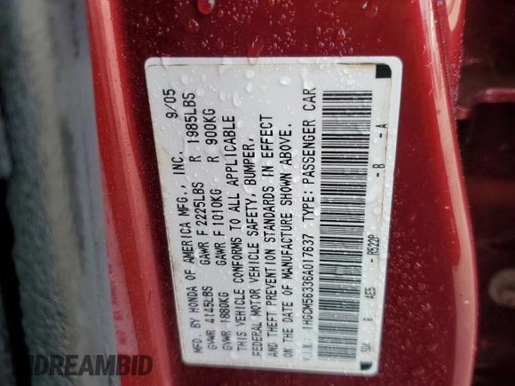 2006 Honda Accord LX SE with VIN 1HGCM56336A017637, listed as a Copart auction lot 57295905 with 171,499 mi miles and Salvage title. Bid and sale history available at DreamBid. Image 12.