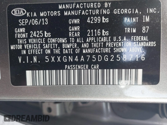 2013 Kia Optima EX with VIN 5XXGN4A75DG258716, listed as a IAAI auction lot 41815091 with 178,589 mi miles. Bid and sale history available at carsss.com. Image 9.