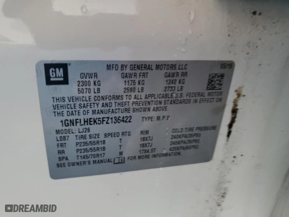2015 Chevrolet Equinox LTZ with VIN 1GNFLHEK5FZ136422, listed as a Copart auction lot 85218664 with 0 mi miles and Clean Title. Bid and sale history available at carsss.com. Image 13.