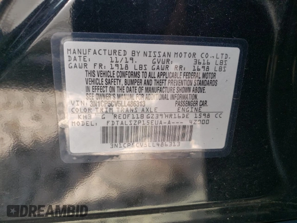 2020 Nissan Kicks SV with VIN 3N1CP5CV5LL486313, listed as a Copart auction lot 56893615 with Not provided miles and Salvage title. Bid and sale history available at DreamBid. Image 14.