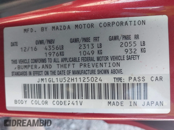 2017 Mazda 6 Sport z VIN JM1GL1U52H1125024, wystawiony jako IAAI lot #42115413 z przebiegiem 191 727 mil mil oraz . Historia ofert i sprzedaży dostępna na DreamBid. Obrazek 9.