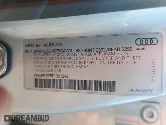 2015 Audi A3 Premium Plus with VIN WAUEFGFF5F1021242, listed as a Copart auction lot 55967015 with 31,658 mi miles and Salvage title. Bid and sale history available at DreamBid. Image 13.