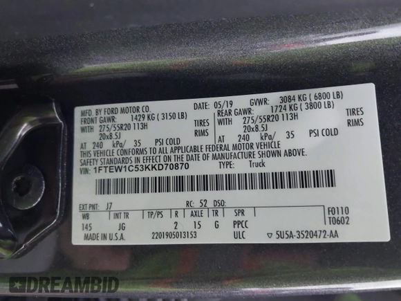2019 Ford F-150 XL with VIN 1FTEW1C53KKD70870, listed as a IAAI auction lot 41208988 with 31,728 mi miles and . Bid and sale history available at carsss.com. Image 9.