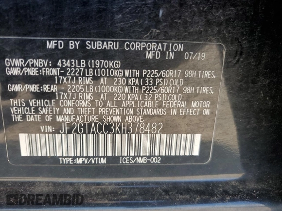 2019 Subaru Crosstrek Premium with VIN JF2GTACC3KH378482, listed as a Copart auction lot 58366965 with 74,616 mi miles and Salvage title. Bid and sale history available at DreamBid. Image 12.