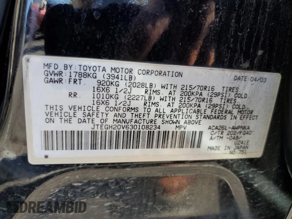 2003 Toyota RAV4 with VIN JTEGH20V630108234, listed as a Copart auction lot 46493925 with 256,565 mi miles and Salvage Title. Bid and sale history available at DreamBid. Image 13.
