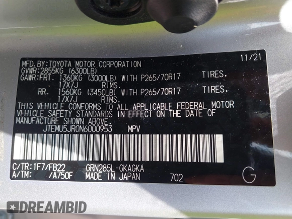 2022 Toyota 4Runner SR5 with VIN JTEMU5JR0N6000953, listed as a IAAI auction lot 42550206 with 73,088 mi miles and . Bid and sale history available at DreamBid. Image 9.
