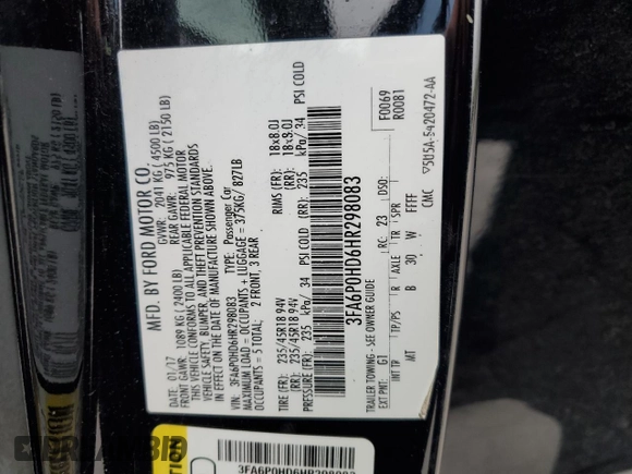 2017 Ford Fusion SE with VIN 3FA6P0HD6HR298083, listed as a Copart auction lot 56248905 with 223,674 mi miles and Salvage title. Bid and sale history available at DreamBid. Image 12.