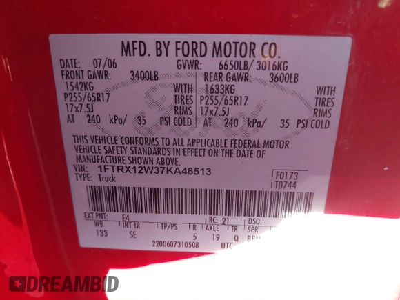 2007 Ford F-150 STX with VIN 1FTRX12W37KA46513, listed as a IAAI auction lot 41470028 with 215,866 mi miles and . Bid and sale history available at DreamBid. Image 9.