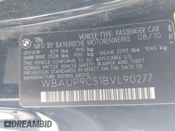 2011 BMW 1 Series 128i with VIN WBAUP9C51BVL90277, listed as a IAAI auction lot 42572690 with 153,427 mi miles and . Bid and sale history available at DreamBid. Image 9.