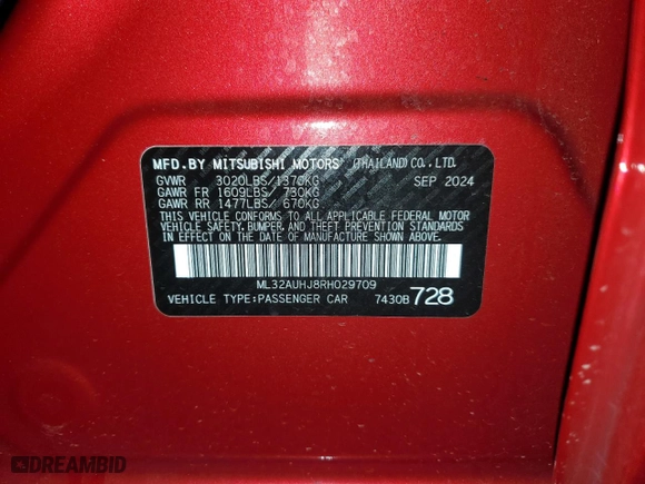 2024 Mitsubishi Mirage ES with VIN ML32AUHJ8RH029709, listed as a Copart auction lot 51971385 with 8,307 mi miles and Non Repairable. Bid and sale history available at carsss.com. Image 13.