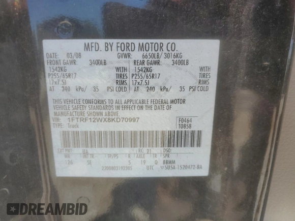 2008 Ford F-150 XL with VIN 1FTRF12WX8KD70997, listed as a Copart auction lot 52343715 with Not Provided miles and Clean Title. Bid and sale history available at DreamBid. Image 12.