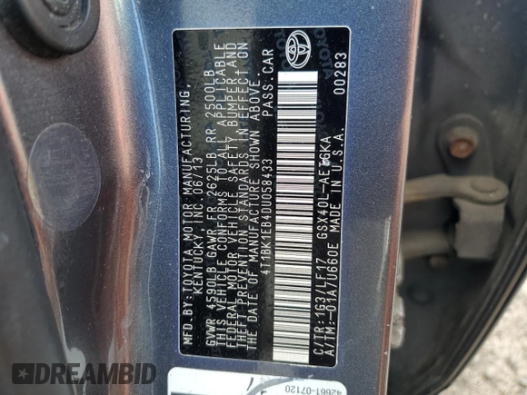 2013 Toyota Avalon XLE with VIN 4T1BK1EB4DU058433, listed as a Copart auction lot 55787335 with 162,204 mi miles and Salvage Title. Bid and sale history available at DreamBid. Image 12.