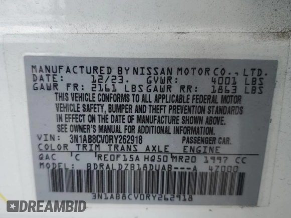 2024 Nissan Sentra SV with VIN 3N1AB8CV0RY262918, listed as a Copart auction lot 51823535 with 38,734 mi miles and Non Repairable. Bid and sale history available at DreamBid. Image 13.