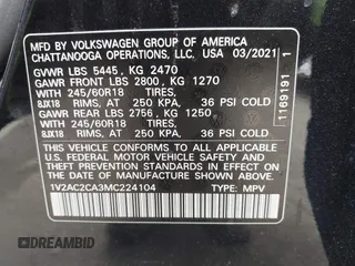 2021 Volkswagen Atlas S with VIN 1V2AC2CA3MC224104, listed as a IAAI auction lot 42500452 with 54,766 mi miles and . Bid and sale history available at DreamBid. Image 9.