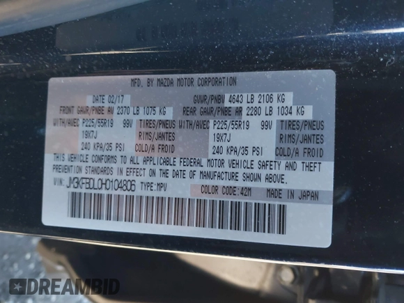 2017 Mazda CX-5 Grand Touring with VIN JM3KFBDL0H0104806, listed as a IAAI auction lot 41621964 with 60,728 mi miles. Bid and sale history available at carsss.com. Image 9.