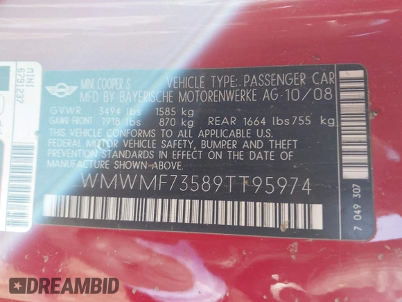 2009 MINI Hardtop S with VIN WMWMF73589TT95974, listed as a IAAI auction lot 41617775 with Not provided miles and . Bid and sale history available at DreamBid. Image 9.