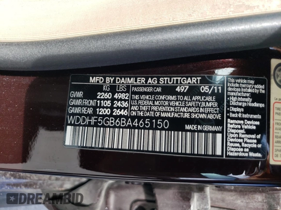 2011 Mercedes-Benz E 350 Luxury with VIN WDDHF5GB6BA465150, listed as a Copart auction lot 45989795 with 95,896 mi miles and Salvage Title. Bid and sale history available at DreamBid. Image 12.
