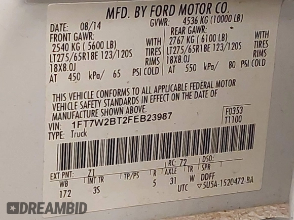 2015 Ford F-250 Lariat with VIN 1FT7W2BT2FEB23987, listed as a IAAI auction lot 41538076 with 297,010 mi miles and . Bid and sale history available at DreamBid. Image 9.