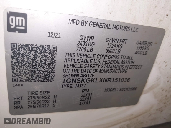 2022 Chevrolet Suburban High Country with VIN 1GNSKGKLXNR151036, listed as a IAAI auction lot 41549439 with 97,613 mi miles and . Bid and sale history available at DreamBid. Image 9.