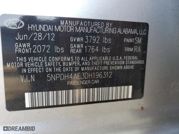 2013 Hyundai Elantra GLS PZEV with VIN 5NPDH4AE3DH196312, listed as a Copart auction lot 53170355 with 94,526 mi miles and Salvage Title. Bid and sale history available at carsss.com. Image 15.