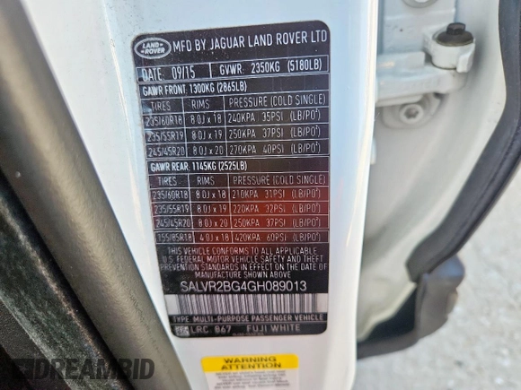 2016 Land Rover Range Rover Evoque HSE with VIN SALVR2BG4GH089013, listed as a Copart auction lot 65566805 with 120,179 mi miles and Salvage title. Bid and sale history available at DreamBid. Image 14.