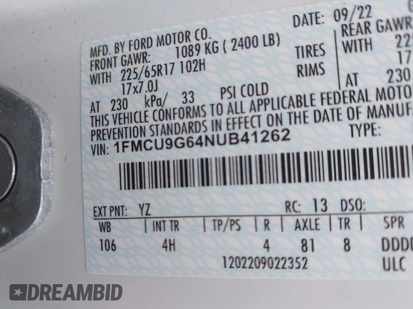 2022 Ford Escape SE with VIN 1FMCU9G64NUB41262, listed as a IAAI auction lot 42267922 with 64,173 mi miles and . Bid and sale history available at DreamBid. Image 9.